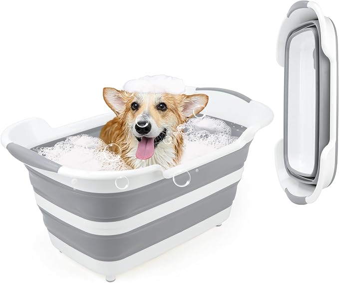 FHTONGE 7.13 Gal/27L Raised Collapsible Dog Bathtub with Drain Hair Catcher, Multifunctional Pet Washtub for Small to M Dog, Portable Puppy Tub Cat Shower Basin Laundry Basket Storage Organize Bucket-PurrikoPets