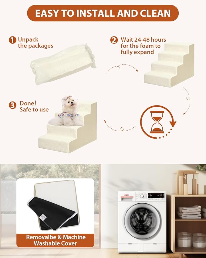 Dog Stairs for Small Dogs,17.5" H,4-Step Dog Steps for High Bed Couch and Sofa,Pet Stairs for Dogs and Cats Climbing with Non-Slip Bottom and Washable Cover,Beige-PurrikoPets