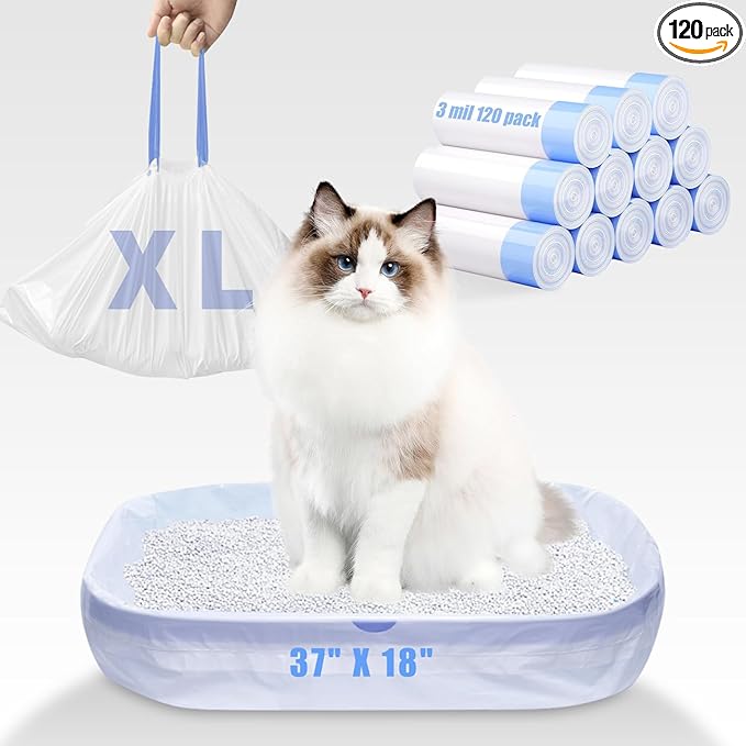 120 Pack Jumbo Cat Litter Bags-3MIL Extra Thick Leakproof Litter Box Liners, 37"x18" Heavy Duty Drawstring Cat Litter Liners for Automatic Litter Box, Odor Control Disposable Kitty Litter Bags 12 Roll-PurrikoPets
