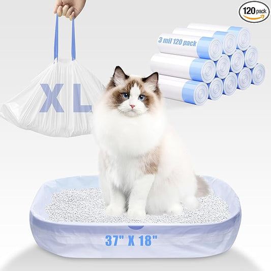 120 Pack Jumbo Cat Litter Bags-3MIL Extra Thick Leakproof Litter Box Liners, 37"x18" Heavy Duty Drawstring Cat Litter Liners for Automatic Litter Box, Odor Control Disposable Kitty Litter Bags 12 Roll-PurrikoPets