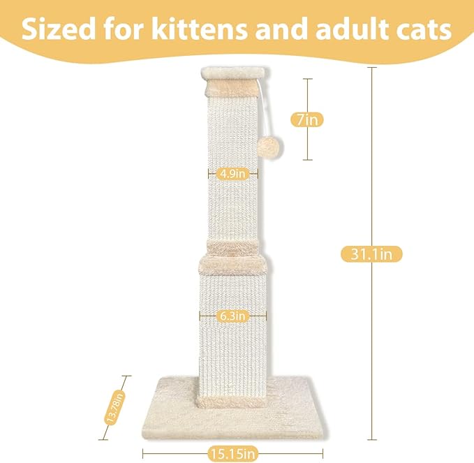 AGYM Cat Scratching Post, 32 Inch Cat Scratching Post for Large Cats, Scratching Posts for Indoor Cats Adults, Cat Scratch Post with Nature Sisal, Beige-PurrikoPets