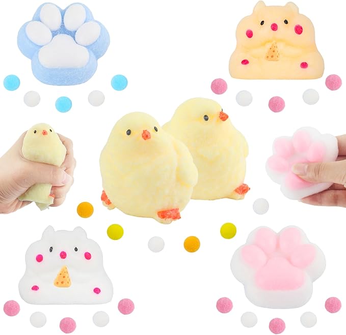 6 Pcs Taba Squishy , Kit Squeeze Toy ,Include Squishies( 2 Cat Paws & 2 Chick,2 Hamster), Soft Stress Relief Squeeze Toy,tress Relief Sensory Toy-PurrikoPets