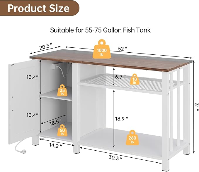 55-75 Gallon Aquarium Stand with Power Outlet, Heavy Duty Fish Tank Stand with Cabinet Storage & Adjustable Shelf, for Fish Tank, Turtle Tank, Reptile Terrarium, 1000LBS Capacity, White-PurrikoPets