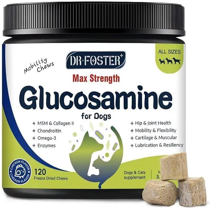 Glucosamine for Dogs, Hip and Joint Supplement for Dogs with Chicken Flavor, Anti Inflammatory, Dog's Chondroitin, Digestive Enzymes, Omega-3, Vitamin D, MSM, Calcium, Turmeric, 120 Freeze-Dried Chews-PurrikoPets
