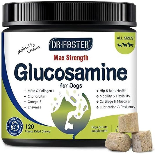 Glucosamine for Dogs, Hip and Joint Supplement for Dogs with Chicken Flavor, Anti Inflammatory, Dog's Chondroitin, Digestive Enzymes, Omega-3, Vitamin D, MSM, Calcium, Turmeric, 120 Freeze-Dried Chews-PurrikoPets