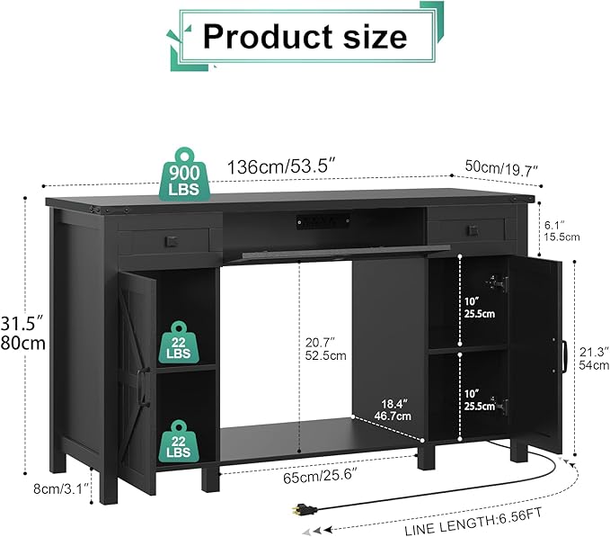 55-75 Gallon Aquarium Stand With Charging Station, Farmhouse Fish Tank Stand, Reptile Tank Stand Terrarium Stand with Drawer and Cabinet Storage, Sturdy Heavy Duty 53.5"×19.7" Tabletop - Black-PurrikoPets
