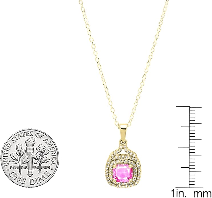 Dazzlingrock Collection 6mm Cushion Lab Created Gemstone & Round Natural Diamond Halo Pendant (Gold Chain Included), 10K Yellow Real Solid Gold