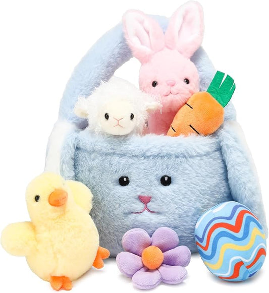 7 Piece Plush Stuffed Animals Playset Toys with Rabbit, Chick, Lamb, Carrot, Egg, Flower, Furry Bag, Soft Basket Set Toys for Girls Kids Ages 3+, Birthday Christmas Valentines Easter Party Favors-PurrikoPets