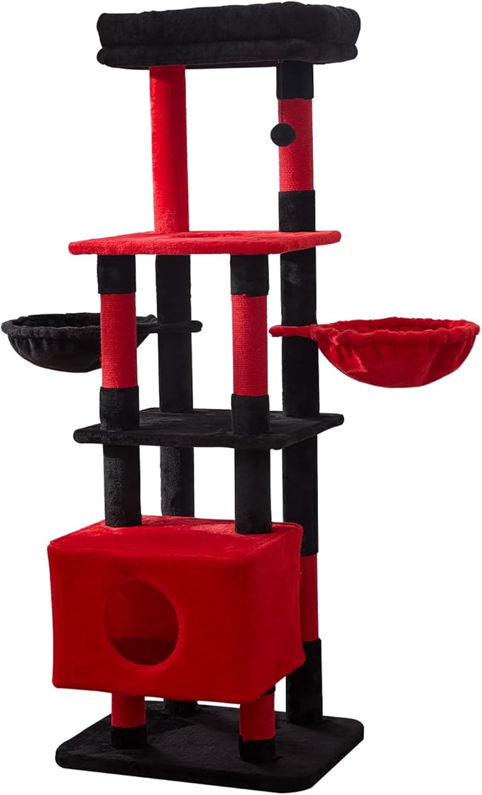 Gardner Pet 65in Heavy Duty Cat Tree Tower for Large Cats, Multi-Level Cat Furniture with Replaceable Sisal Scratching Post, Hammock | Extra-Large Platform & Condo (Black Red, Basic φ:2.84")-PurrikoPets