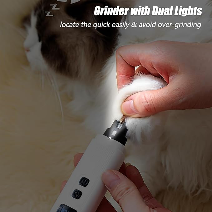 Dog Nail Grinder - 2-Speed Super Quiet and Low Vibration Electric Pet Nail Grinder - Rechargeable Dog Nail Trimmers for Small Dogs- Cat Nail Claw Clippers with 2 Level LED Lighting(White)-PurrikoPets