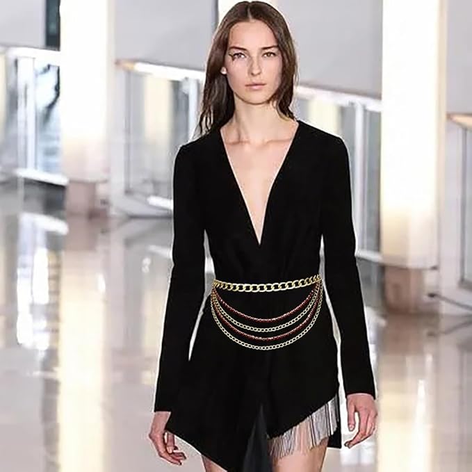 Suyi Multilayer Chain Belt Rhinestone Metal Chain Belts for Women Punk Gold Waist Chain