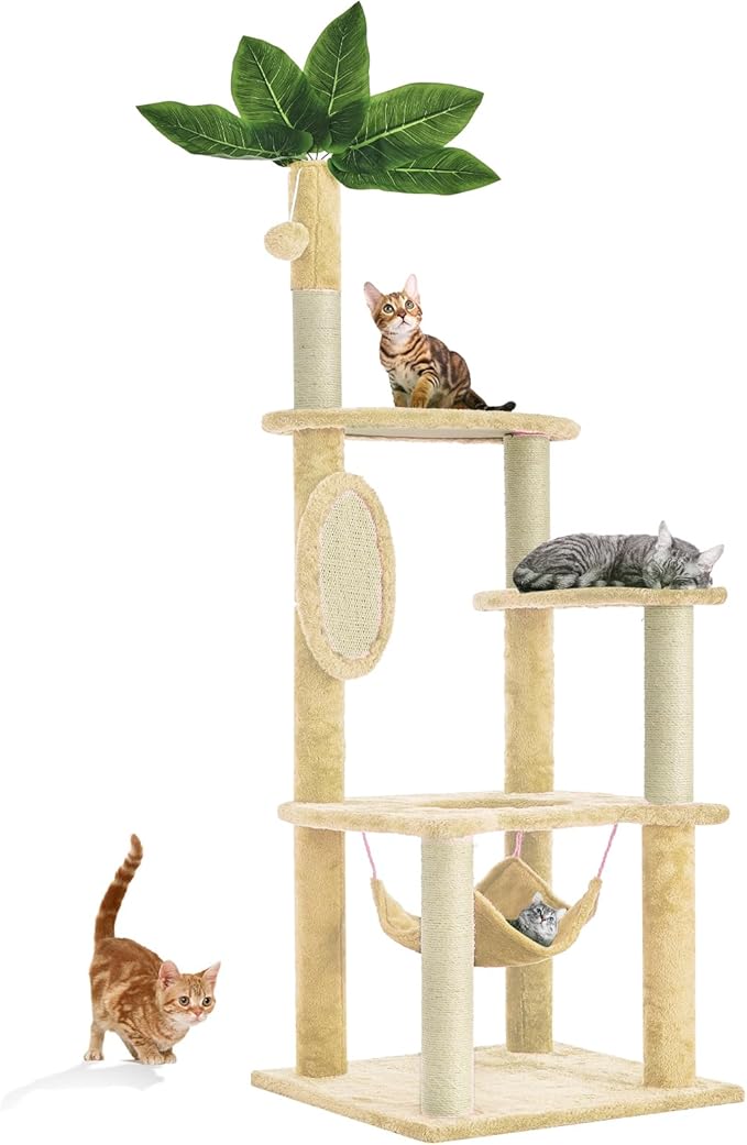 55 Inch Large Cat Tree Tower for Indoor Cats with Hammock Green Leaves Sisal Scratching Post, Plush Hang Ball Play Furniture for Kittens & Adult Cats, New Beige-PurrikoPets