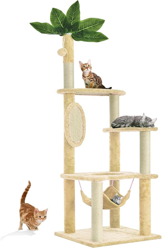 55 Inch Large Cat Tree Tower for Indoor Cats with Hammock Green Leaves Sisal Scratching Post, Plush Hang Ball Play Furniture for Kittens & Adult Cats, New Beige-PurrikoPets
