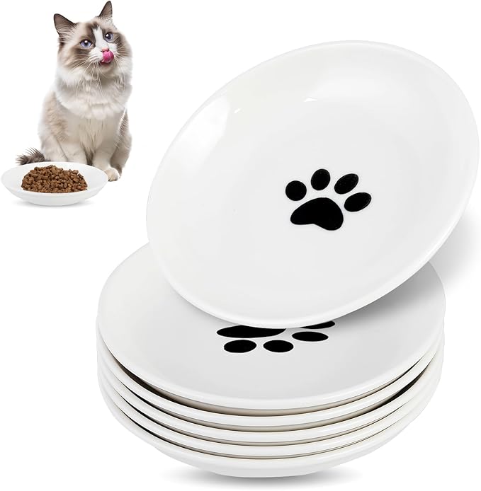 6 Pack Cat Food Bowl, Ceramic Cat Bowls, Anti Whisker Fatigue Cats Bowl Set,5.5 Inches Shallow Wide Kitten Plates for Food and Water (Cat's Paw Style)-PurrikoPets