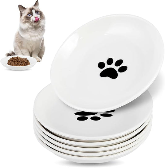 6 Pack Cat Food Bowl, Ceramic Cat Bowls, Anti Whisker Fatigue Cats Bowl Set,5.5 Inches Shallow Wide Kitten Plates for Food and Water (Cat's Paw Style)-PurrikoPets