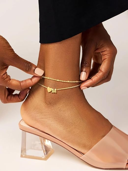 Suplight Stainless Steel Initial Ankle Bracelets for Women Layered Dainty Heart Anklet Beaded Anklets for Women Waterproof Plus Size Ankle Foot Chain Summer Essentials Jewelry(with Gift Box)
