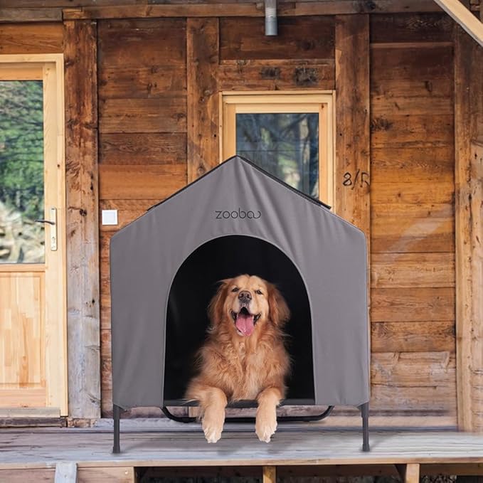 42” Outdoor Dog House for Large Breeds, Durable Large Dog Shelter with Weatherproof 600D PVC Canopy, Breathable 2x1 Textilene Fabric Elevated Dog Bed, XL Dog Kennel for Outside Use-PurrikoPets