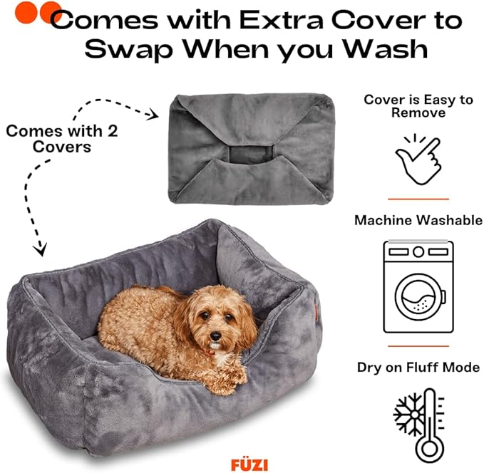 FUZI Luxury Aesthetic Dog Bed with Extra Cover for Small Dogs, Washable Pet Couch, Pet Bed with Sides, Non-Slip Bottom, Soft & Durable Calming Dog Bed, Faux Rabbit Fur, Small 25.1x16.75x9.5 Dark Grey-PurrikoPets
