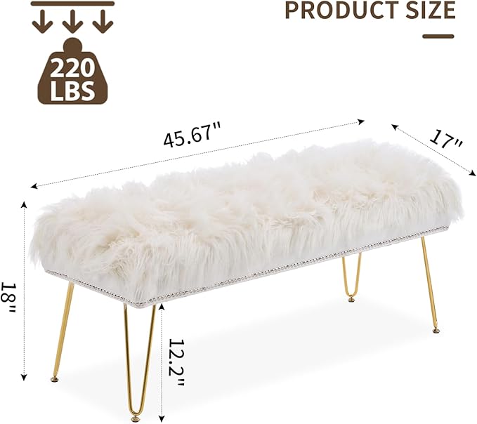 46 Inch White Bedroom Bench, Benches for Bedroom White Faux Fur Upholstered Bed end Bench, Tufting Ottoman Bench Indoor Bench with Metal Legs for Living Room Bedroom Entryway, White-PurrikoPets