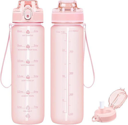 32oz Motivational Water Bottles with Time Marker & Fruit Strainer, Transparent Gradient Color Water Bottle with Times to Drink, Leakproof & BPA Free, Reusable Bottle with Strap (No Straw)-PurrikoPets