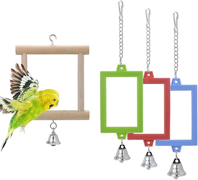 4 PCS Bird Mirror with Bell Parrot Hanging Interactive Playing Toy for Cockatiel Parakeets Canaries Budgie Cage Accessories-PurrikoPets