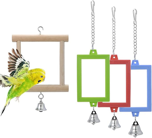 4 PCS Bird Mirror with Bell Parrot Hanging Interactive Playing Toy for Cockatiel Parakeets Canaries Budgie Cage Accessories-PurrikoPets