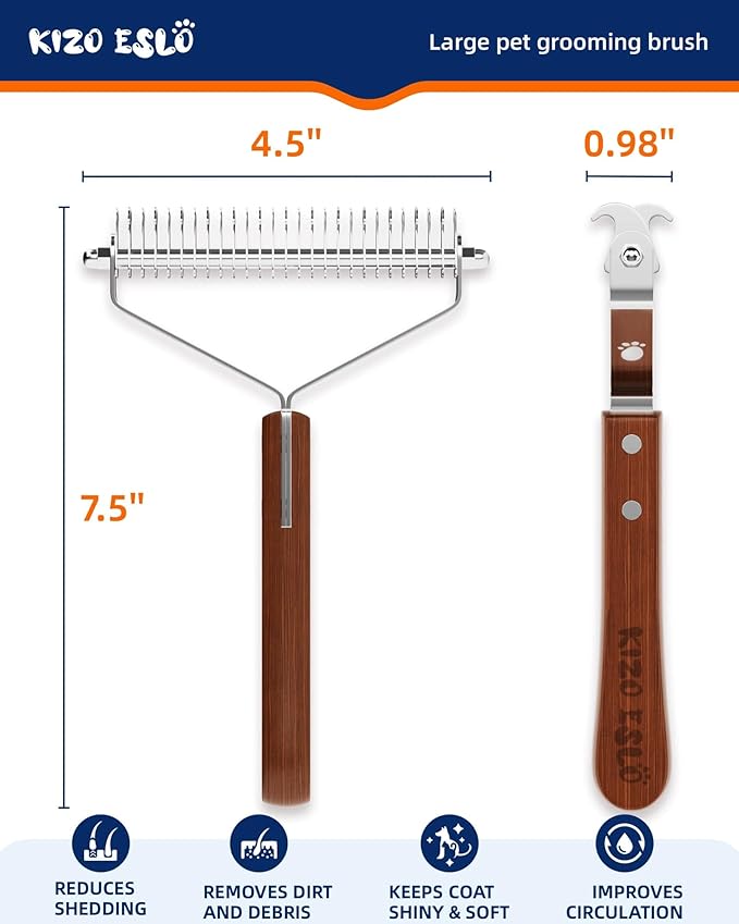 Extra Large 2-Sided Undercoat Rake for Dogs & Cats, Dog Brush for Shedding Remove Mats, Dematting Comb, Safe&Gentle Grooming Brush for German Shepherds Medium to Long-Haired Pets,Premium Wooden Handle-PurrikoPets