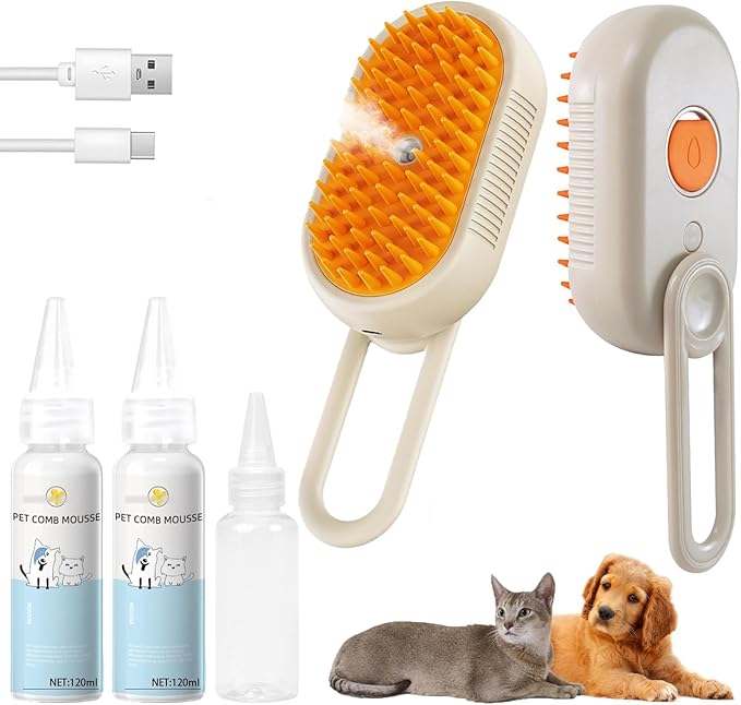 4-in1 Cat Steam Brush for Shedding & Grooming, Spray Hair Removal Comb with 2 Waterless Shampoo, Cat and Dog Brush for Shedding, Pet Grooming Comb Hair Removal Tool for Cats and Dogs-PurrikoPets