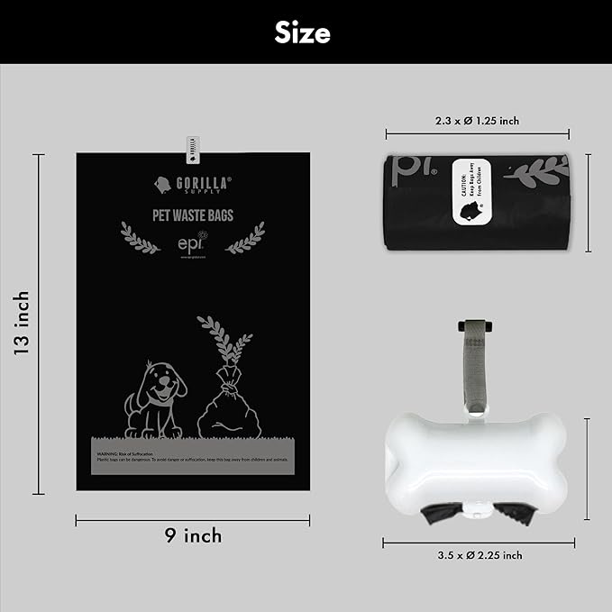GORILLA SUPPLY Dog Poop Waste Bags with Dispenser and Leash Tie, 9" x 13", Black, 1000 Count-PurrikoPets