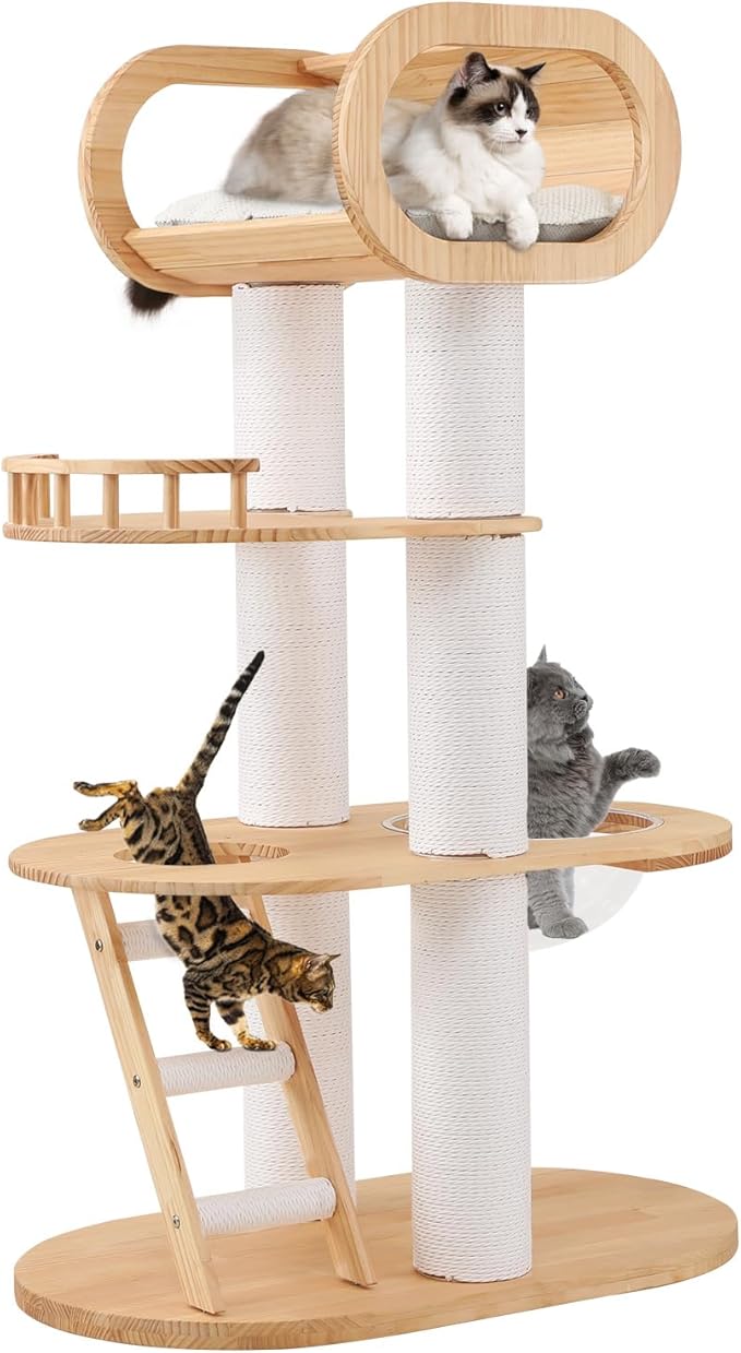 63'' Tall Modern Cat Tree for Indoor Cats, Luxury Cat Tree, Multi-Level Wood Climb Tower for Large Cat, Heavy Duty Kitty House with Transparent Bowl, Large Perches with Removable Cushion-PurrikoPets