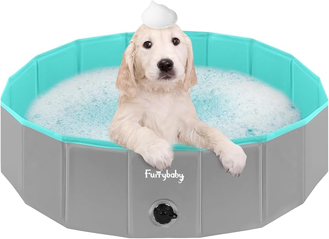 Furrybaby Foldable Dog Pool, Kiddie Pool Hard Plastic, Collapsible Pet Bath Portable Dog Swimming Pool for Pet, Dogs and Cats Grey 32''-PurrikoPets