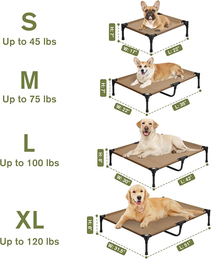 Elevated Dog Bed for Medium Dogs, Outdoor Cooling Raised Dog Beds Washable Pet Cot with Removable Mesh, Lifted Pets Hammock with Frame, Easy to Assemble, Brown, M-PurrikoPets