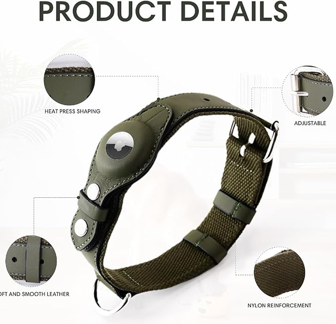 AirTag Dog Collar Soft Leather Webbing Dog Collar for AirTag Provides Double Protection for Small Medium and Large Dogs(Green,S)-PurrikoPets