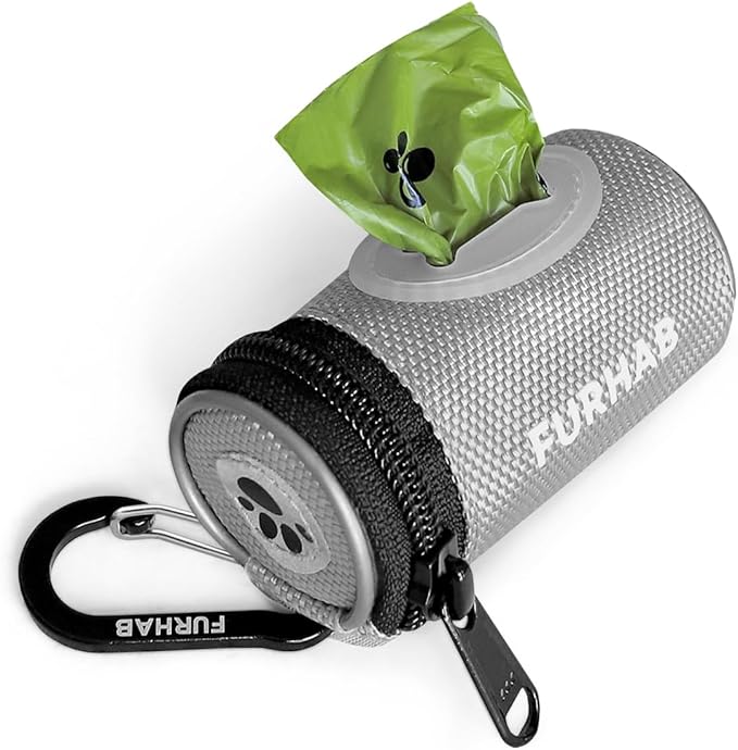 Glow Dog Poop Bag Holder for Leash Doggie Waste Bag Dispenser Puppy Potty Carrier Small Doggy Zipper Pouch with Carabiner Clip 1680D Nylon Oxford with 1 Roll of Pet Trash Bags, Silver-PurrikoPets