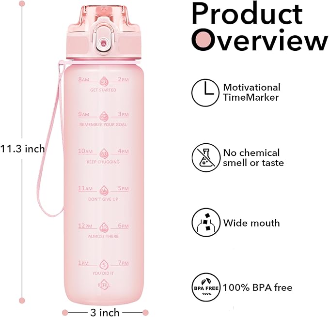 32oz Motivational Water Bottles with Time Marker & Fruit Strainer, Transparent Gradient Color Water Bottle with Times to Drink, Leakproof & BPA Free, Reusable Bottle with Strap (No Straw)-PurrikoPets