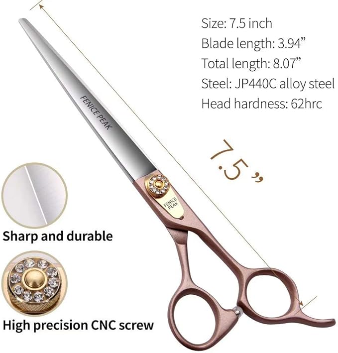 Fenice Peak 7.5'' Dog Straight Scissors for Grooming 440C Stainless Steel Rose Gold Professional Pet Trimming Scissors Sharp Blades Cutting for Dogs and Cats Shears-PurrikoPets