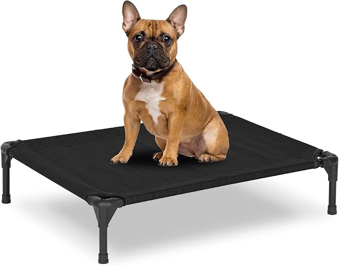 Elevated Dog Bed for Outdoor, Medium Raised Dog Cot with Washable Mesh, Cooling Pet Cot Chew Proof for Outside Camping, 32"x25" Black-PurrikoPets