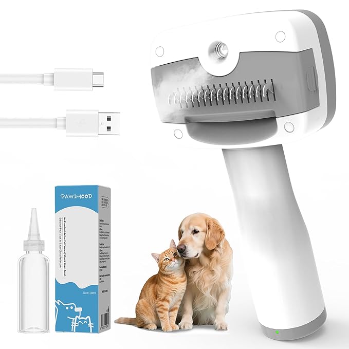 5 in 1 Pet Steam Brush for Dogs & Cats – Self Cleaning, 3 Pet Brush for Smoothing, Dematting, Thinning – Shedding, Grooming & Hair Removal, Includes Shampoo & Storage Case (7.3"-dematting)-PurrikoPets
