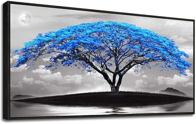 Framed Canvas Wall Art For Office Large Size Living Room Wall Decor Bedroom Decor Wall Pictures Artwork Black And White Landscape Blue Tree Moon Wall Painting Home Decorations Black Frame 24" X 48"-PurrikoPets