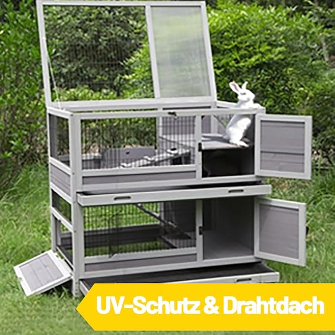 Aivituvin Rabbit Hutch Rabbit Cage Outdoor & Indoor on Wheels Bunny cage with Deep No Leak Pull Out Tray,Upgrade Version (Gray)-PurrikoPets