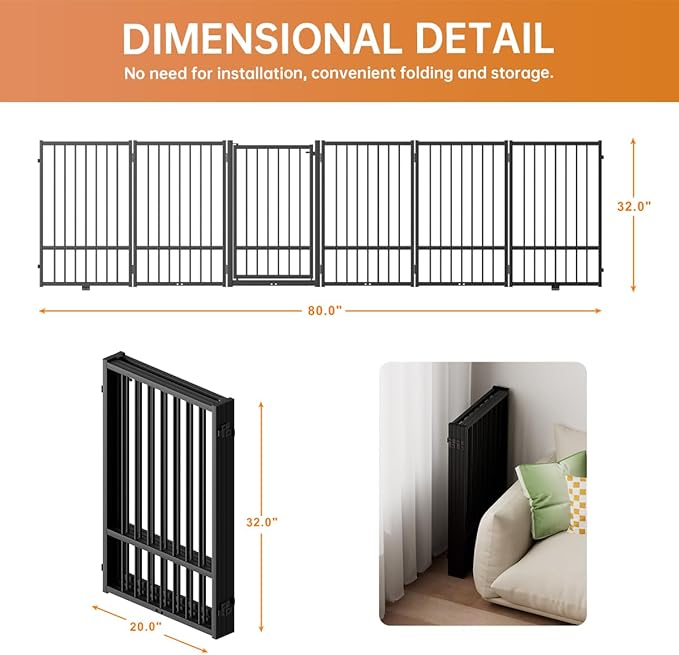 Full Metal Freestanding Dog Gate with Door, 32''Height Foldable Pet Dog Fence for Indoor & Outdoor, 6 Panels Extra Wide Free Standing TallDog Gates for Doorways,House,Stairs,Porch,Deck,Yard-PurrikoPets