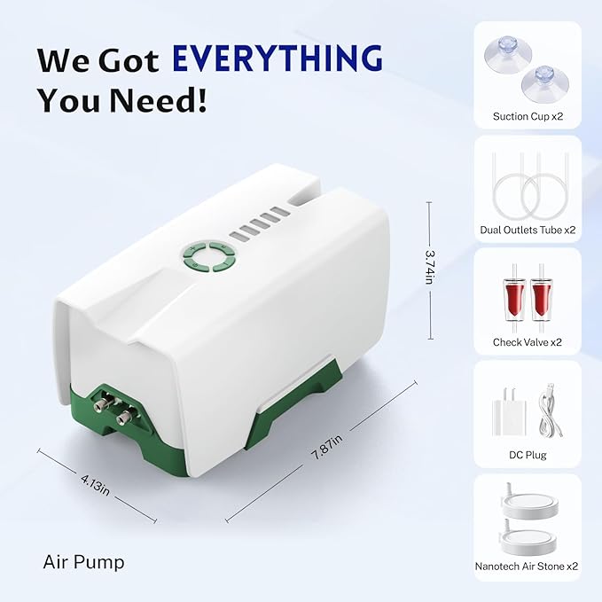 Ghosthorn Quiet AC/DC Aquarium Air Pump 12000mAh Battery Powered Aquarium Bubbler with 87 Hours Battery Life 2-Outlet Rechargeable Bait Aerator Adjustable Oxygen Pump, Power Outages and Emergency-PurrikoPets