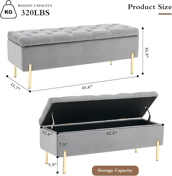 45.6 Inch Velvet Storage Bench, Tufted Upholstered Ottoman with Storage, Bedroom Living Room Entryway Rectangular Accent Bench, Grey-PurrikoPets