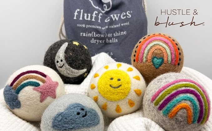Fluff Ewes Wool Dryer Balls 6 Pack Premium New Zealand Wool Laundry Balls for Dryer, No Static Dryer Balls Laundry Reusable, XL Wool Dryer Balls Cute, Baby Dryer Balls for Dryers - Rainbow or Shine-PurrikoPets