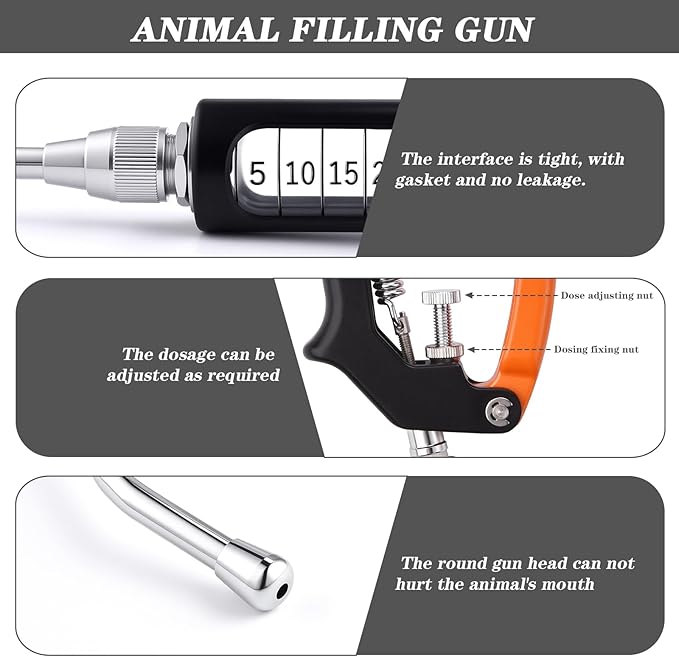 30ML Veterinary Metal Feeding Gun, Continuous Drench Gun Dosing Device Veterinary Adjustable Medicine Dispenser Husbandry Autonomous Feeding Tool, Pig Cattle, Sheep, Horse for Drench Gun-PurrikoPets