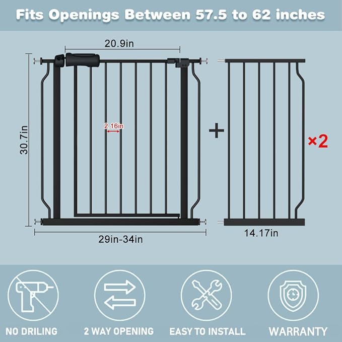 Extra Wide Baby Gate 57.5-62 Inch Black Walk THR Dog Gates Doorways House No Drill Pressure Mounted Auto Close Long Child Safety Gate for Kids and Pet-PurrikoPets