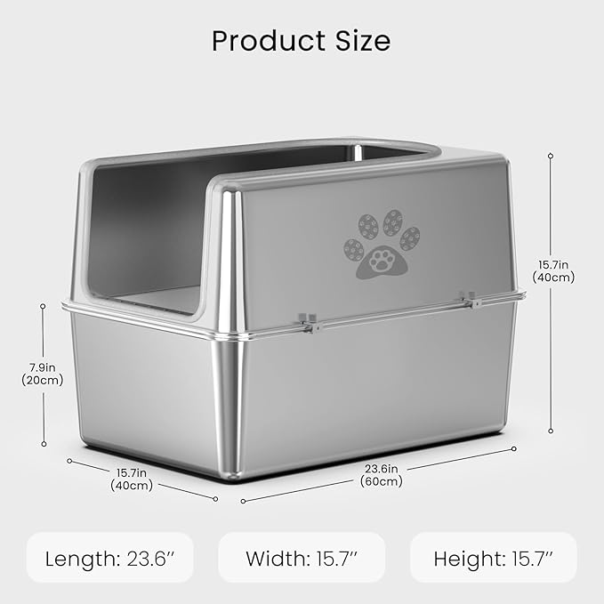 Enclosed Stainless Steel Cat Litter Box with Lid, XL Metal Litter Box for Big Cats, Extra Large Cat Toilet with High Side, Non-Stick, Anti-Leakage, Odorless, with Cats Litter Mat & Litter Scoop-PurrikoPets