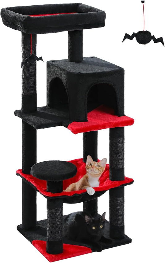 Gothic Cat Tree with Super Large Hammock, 45.7" Black Cat Tower with Coffin Bed, Cat Condo, Sisal Scratching Posts & Top Perch, Multi-Level Goth Cat Tree, Halloween, Black-PurrikoPets