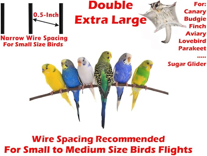 64" Extra Large Double Flight Bird Wrought Iron Double Cage Slide Out Center Divider Side Nesting Box Door Parrot Cage Cockatiel Conure with Removable Rolling Stand Storage Shelf-PurrikoPets