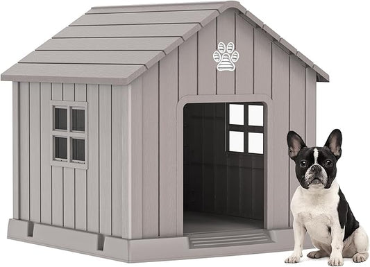 DRATO Dog House Indoor Outdoor for Small to Large Sized Dogs Indoor Outdoor Doghouse Puppy Shelter with Elevated Floor, Easy to Assemble (Light Brown, 31Inch(31.18 * 33.7 * 32.52))-PurrikoPets